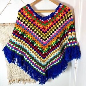 70s Afghan Colorful Crochet Poncho Blue with Fringe
